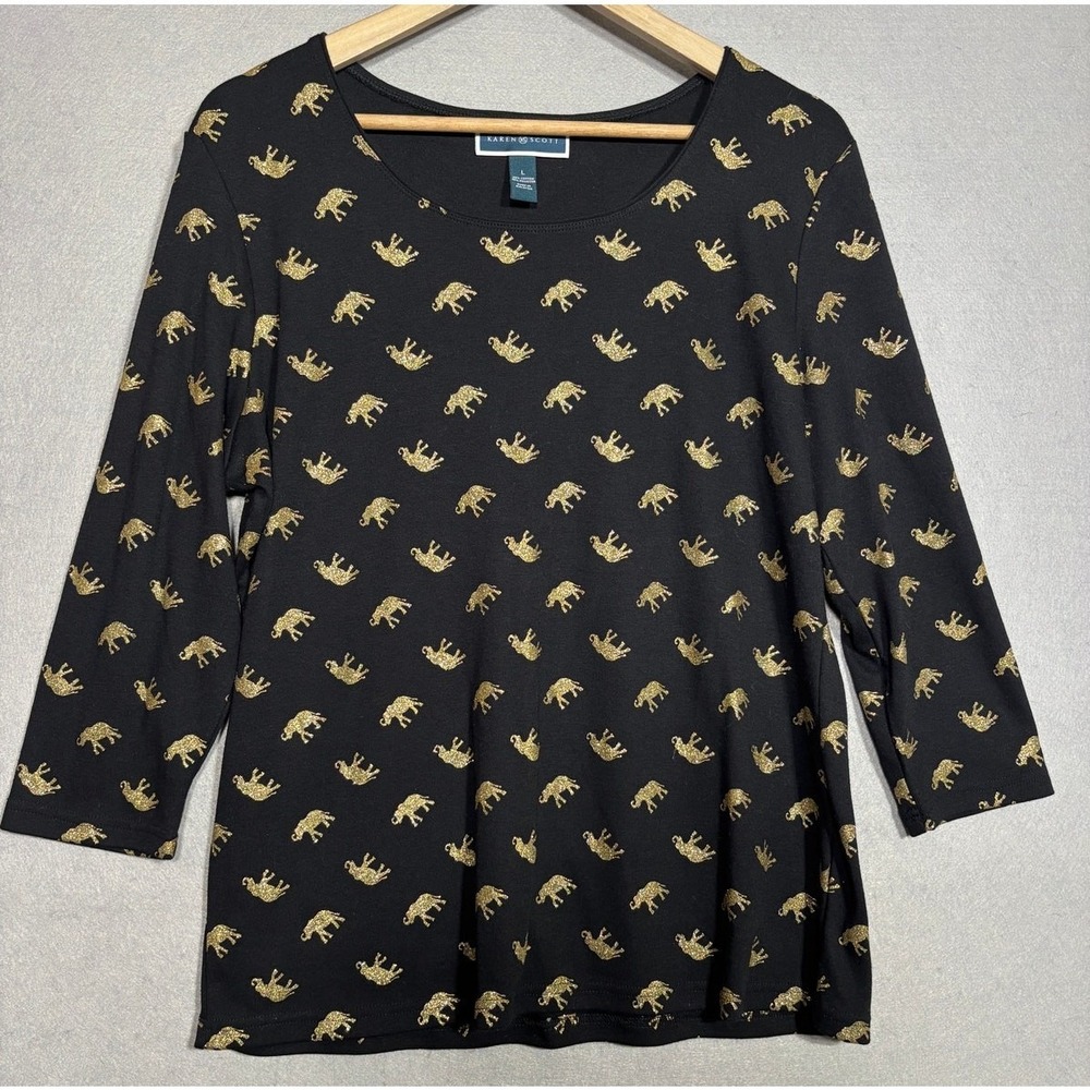 Karen Scott‎ Gold Metallic Elephant Top Artsy Animal Glam Size L